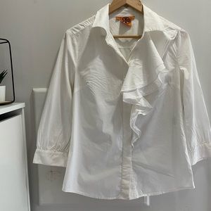 Tory Burch White button up blouse with ruffle size 6